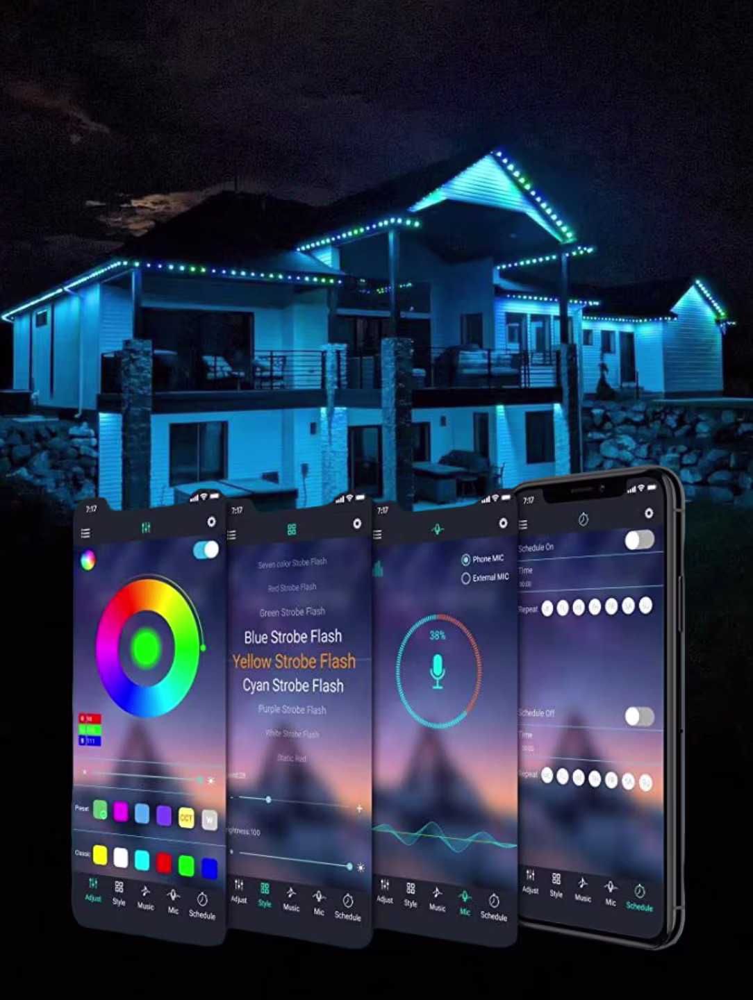 Home illuminated with multicolor Strata permanent lighting
